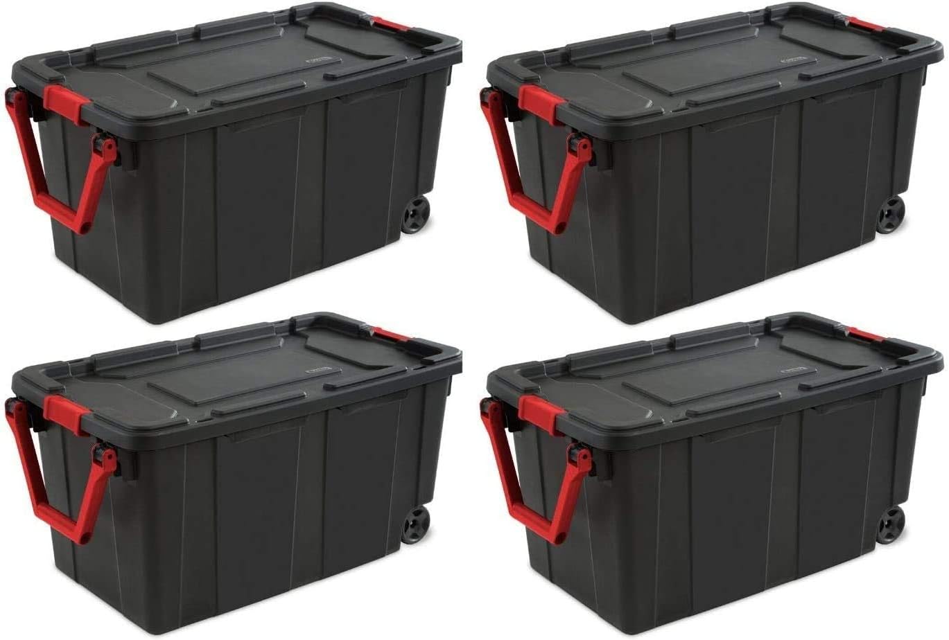 STERILITE 14699002 40 Gallon/151 Liter Wheeled Industrial Tote, Black Lid & Base w/Racer Red Handle & Latches, 4 Pack