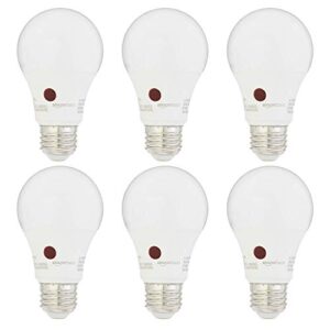 amazon basics a19 dusk to dawn sensor led light bulb, 60 watt equivalent, energy efficient 9w, e26 standard base, soft white 2700k, non-dimmable, 10,000 hour lifetime , 6-pack