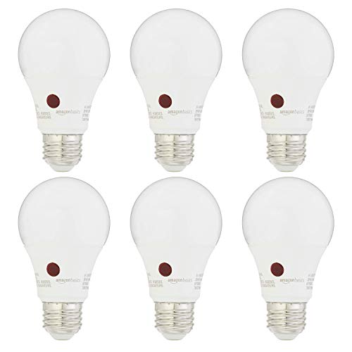 Amazon Basics A19 Dusk to Dawn Sensor LED Light Bulb, 60 Watt Equivalent, Energy Efficient 9W, E26 Standard Base, Soft White 2700K, Non-Dimmable, 10,000 Hour Lifetime , 6-Pack