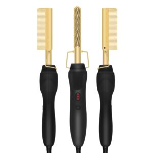 gold plated heated styling comb electric hot straightening heat pressing comb ceramic curling flat iron curler designed hair straightener curling iron for natural black hair,wigs,beards (gold)