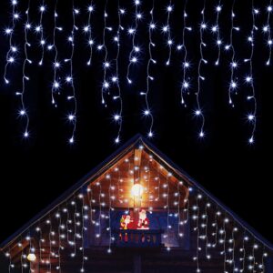 blissun 360 led iciclelights, 29.5ft 8 modes curtain fairy lights with 60 drops, christmas outdoor string lights for wedding halloween thanksgiving party home garden indoor decorations (white)