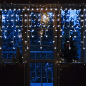 Blissun 360 LED Iciclelights, 29.5FT 8 Modes Curtain Fairy Lights with 60 Drops, Christmas Outdoor String Lights for Wedding Halloween Thanksgiving Party Home Garden Indoor Decorations (White)