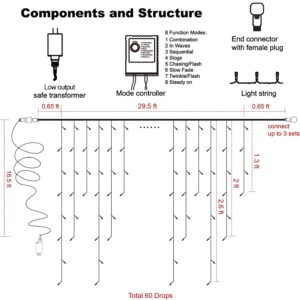 Blissun 360 LED Iciclelights, 29.5FT 8 Modes Curtain Fairy Lights with 60 Drops, Christmas Outdoor String Lights for Wedding Halloween Thanksgiving Party Home Garden Indoor Decorations (White)