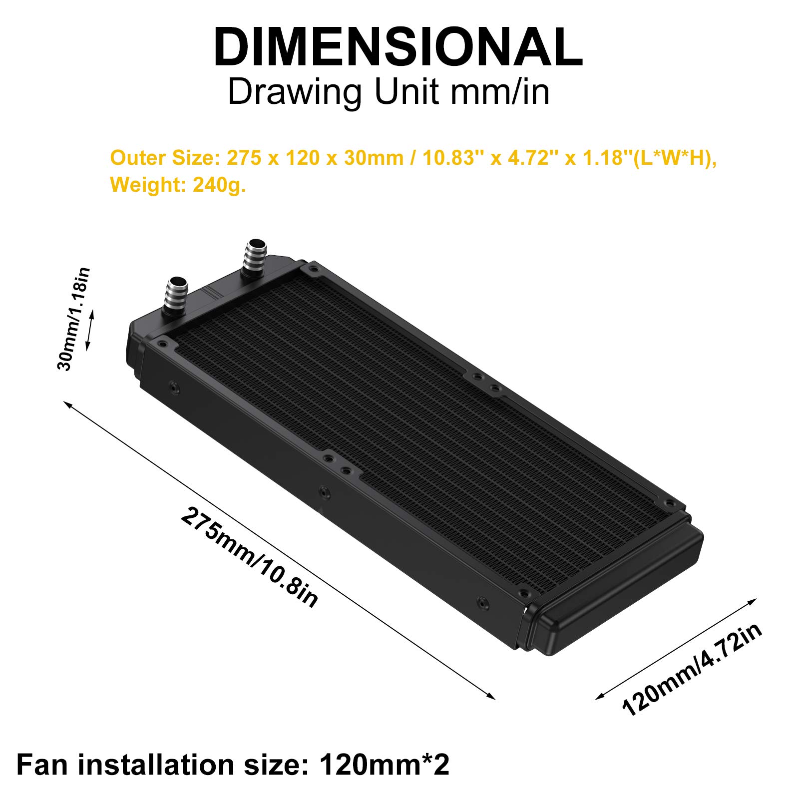 Clyxgs Water Cooling Radiator, 12 Pipe Aluminum Heat Exchanger Radiator with Tube for PC CPU Computer Water Cool System DC12V 240mm