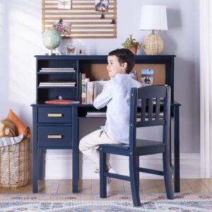 guidecraft taiga desk, hutch and chair - navy: children’s wooden study computer workstation, kids bedroom furniture