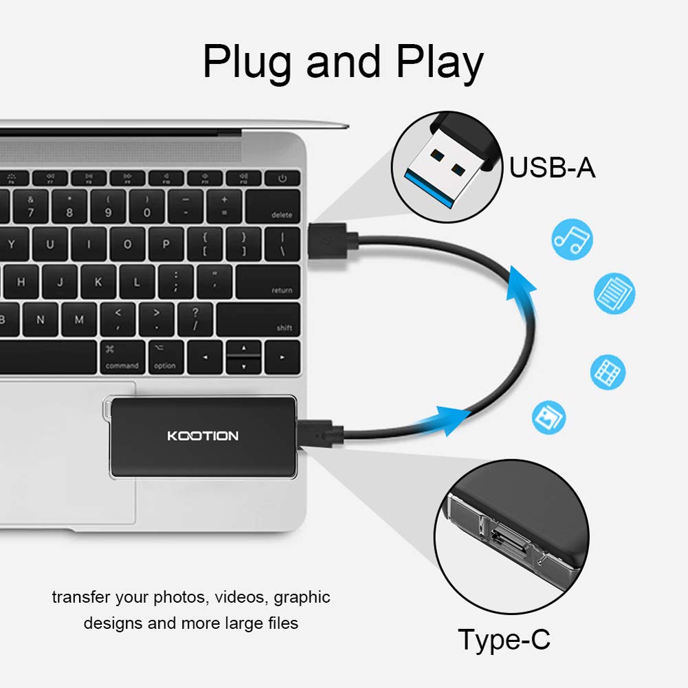 KOOTION 250GB Portable External SSD, USB C Solid State Drive, USB 3.1 Flash Drive Type-C PSSD for Gaming PC/Mac/Linux/Android, with Lanyard Hole