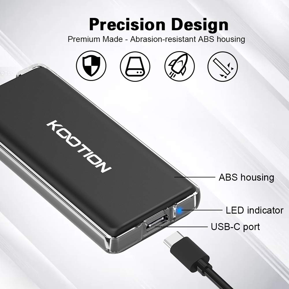 KOOTION 250GB Portable External SSD, USB C Solid State Drive, USB 3.1 Flash Drive Type-C PSSD for Gaming PC/Mac/Linux/Android, with Lanyard Hole