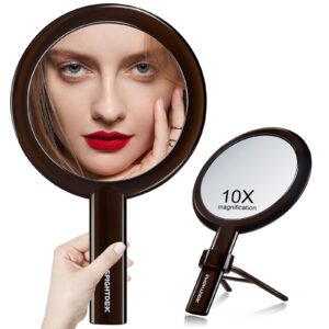 spightdex handheld mirror，hand mirror with handle adjustable，1x/10x magnifying double sided hand held makeup mirror with stand for woman beauty travel desktop tabletop shaving，transparent black