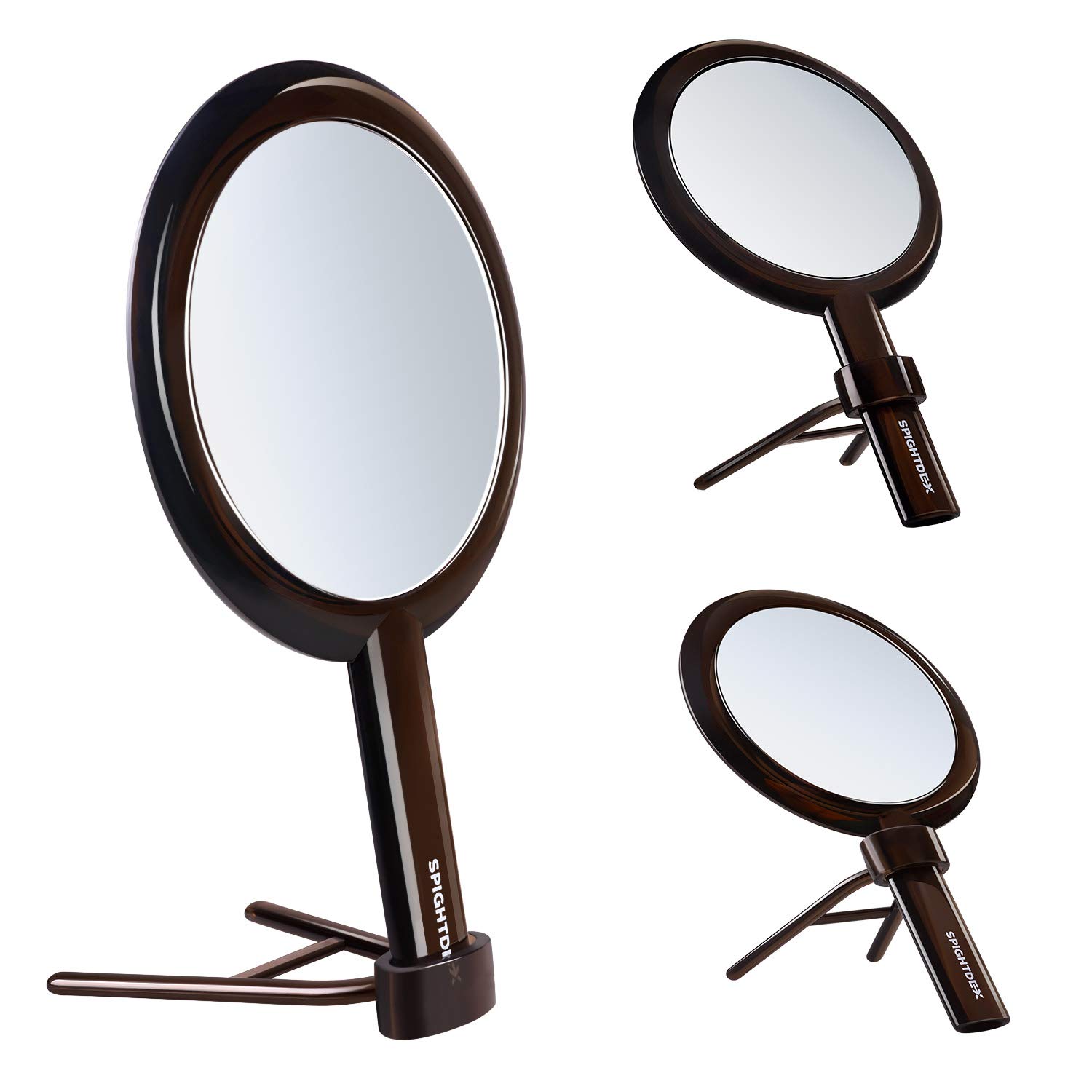 SPIGHTDEX Handheld Mirror，Hand Mirror with Handle Adjustable，1x/10x Magnifying Double Sided Hand Held Makeup Mirror with Stand for Woman Beauty Travel Desktop Tabletop Shaving，Transparent Black