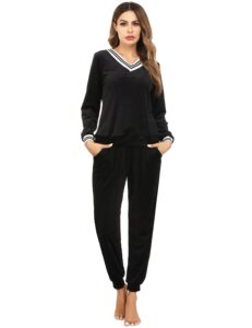 irevial track suits for women, ladies v neck long sleeve crushed velvet tops casual sweatsuit sets jogging pant with pockets elastic 2 piece outfits black m