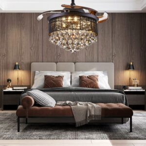 42 inch Retractable Crystal Ceiling Fan with Lights and Remote Dimmable Fandeliers Ceiling Fan 6 Speed Chandelier Fan with Light Memory Retractable Blades for Bedroom Living Room Forward and Reverse