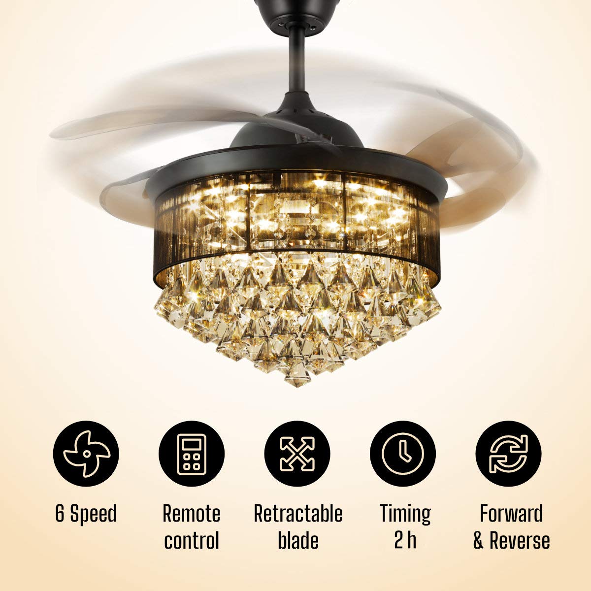 42 inch Retractable Crystal Ceiling Fan with Lights and Remote Dimmable Fandeliers Ceiling Fan 6 Speed Chandelier Fan with Light Memory Retractable Blades for Bedroom Living Room Forward and Reverse