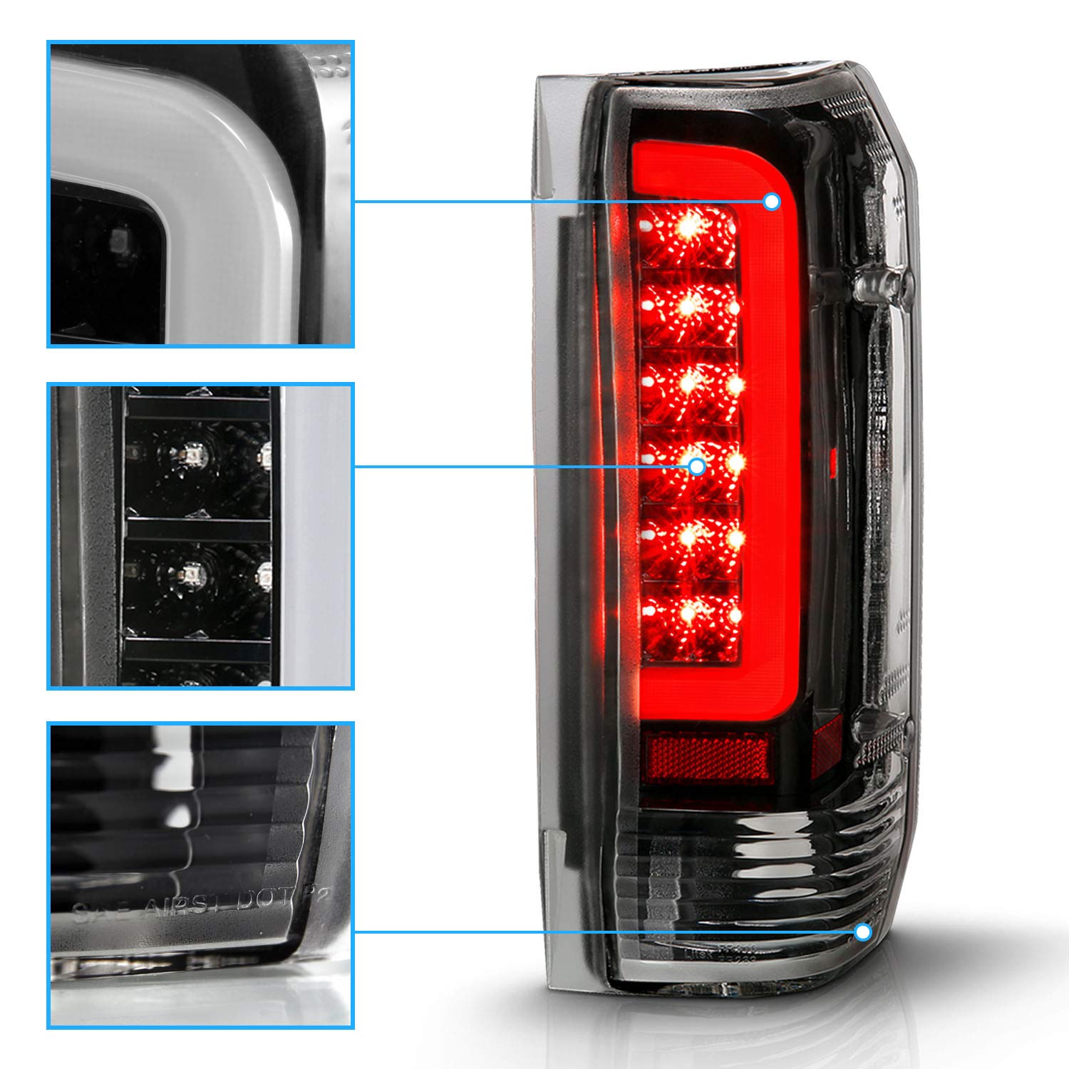 AmeriLite Truck 3D C-Type Halogen, Led, Tube Replacement Tail Light Set For 1989-1996 Ford F150 Bronco F250 F350- Passenger and Driver Side, Vehicle Light Assembly, Black