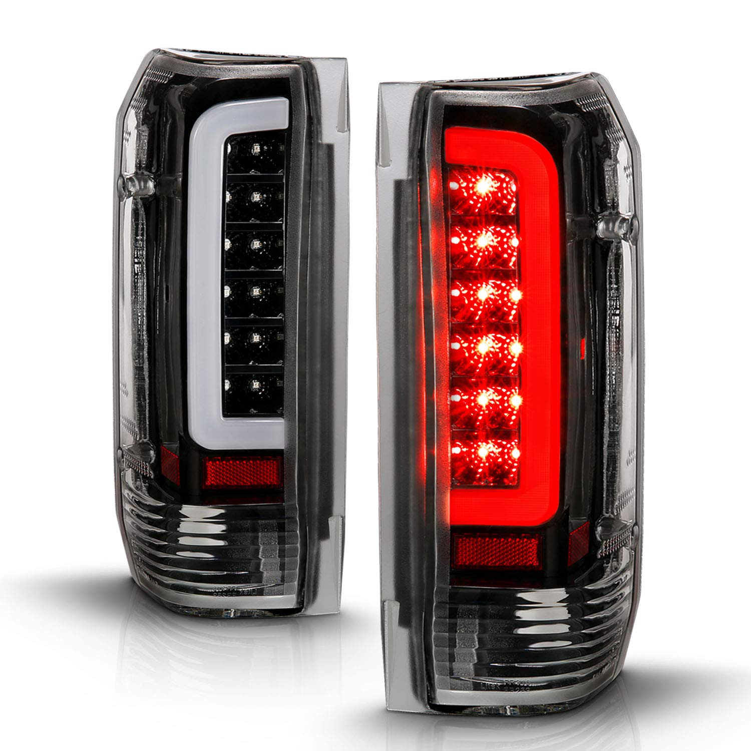 AmeriLite Truck 3D C-Type Halogen, Led, Tube Replacement Tail Light Set For 1989-1996 Ford F150 Bronco F250 F350- Passenger and Driver Side, Vehicle Light Assembly, Black