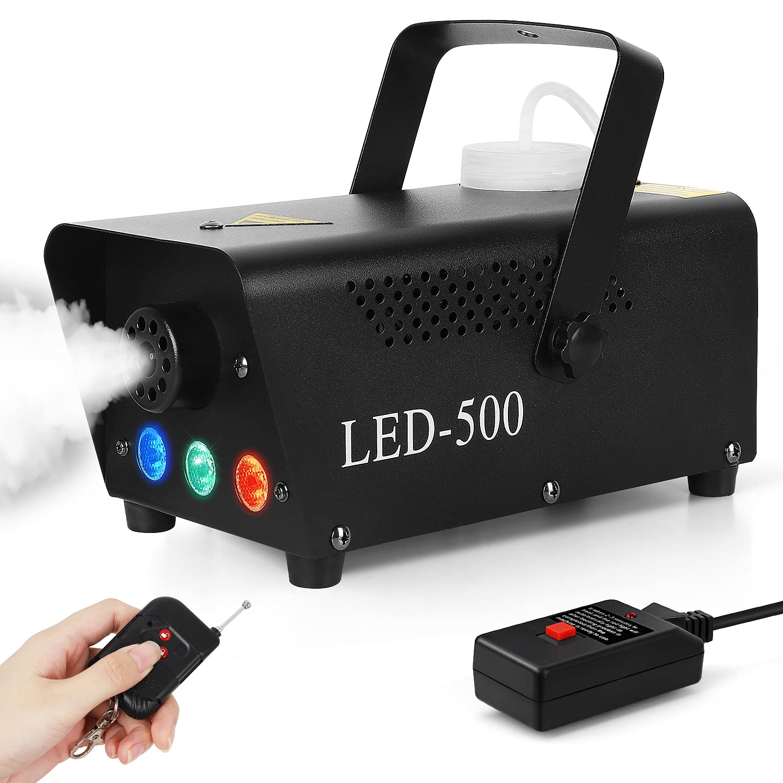 Fog Machine, 500W Portable Led Smoke Machine with 11ft Wired Receiver and Wireless Remote Control, Three-Color Smoke Machine Suitable for Christmas/Valentine's Day/Halloween/Wedding/Party/DJ