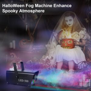 Fog Machine, 500W Portable Led Smoke Machine with 11ft Wired Receiver and Wireless Remote Control, Three-Color Smoke Machine Suitable for Christmas/Valentine's Day/Halloween/Wedding/Party/DJ