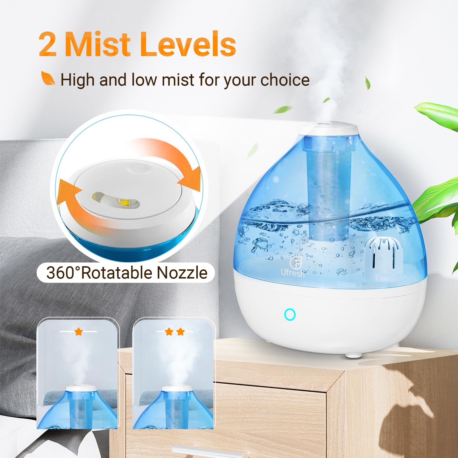 Ufresh Cool Mist Humidifiers for Home Bedroom Large Room, Small Vaporizers for Babies Kids Nursery Plants with Touch Control, 2.6L(0.7 Gal), Auto Shut-off, Whisper-Quiet