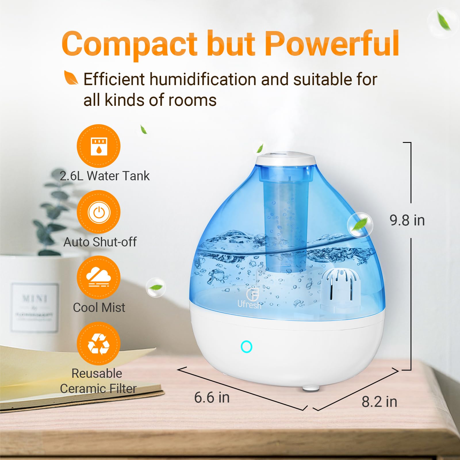 Ufresh Cool Mist Humidifiers for Home Bedroom Large Room, Small Vaporizers for Babies Kids Nursery Plants with Touch Control, 2.6L(0.7 Gal), Auto Shut-off, Whisper-Quiet