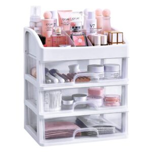 simbuy makeup organizer with 3 drawers, bathroom vanity countertop storage for cosmetics, brushes, lotion, nail lipstick and jewelry (white)