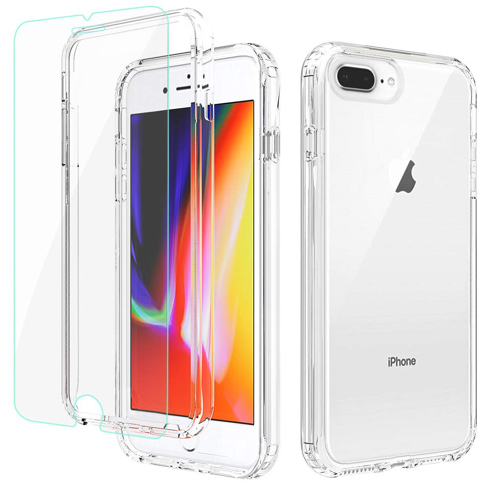 APLO iPhone 8 Plus Case, iPhone 7 Plus/6 Plus Case with Screen Protector, Clear 360 Full Body Coverage Hard PC & Soft Silicone TPU 3in1 [Certified Military Protective] Shockproof Phone Cover, Clear