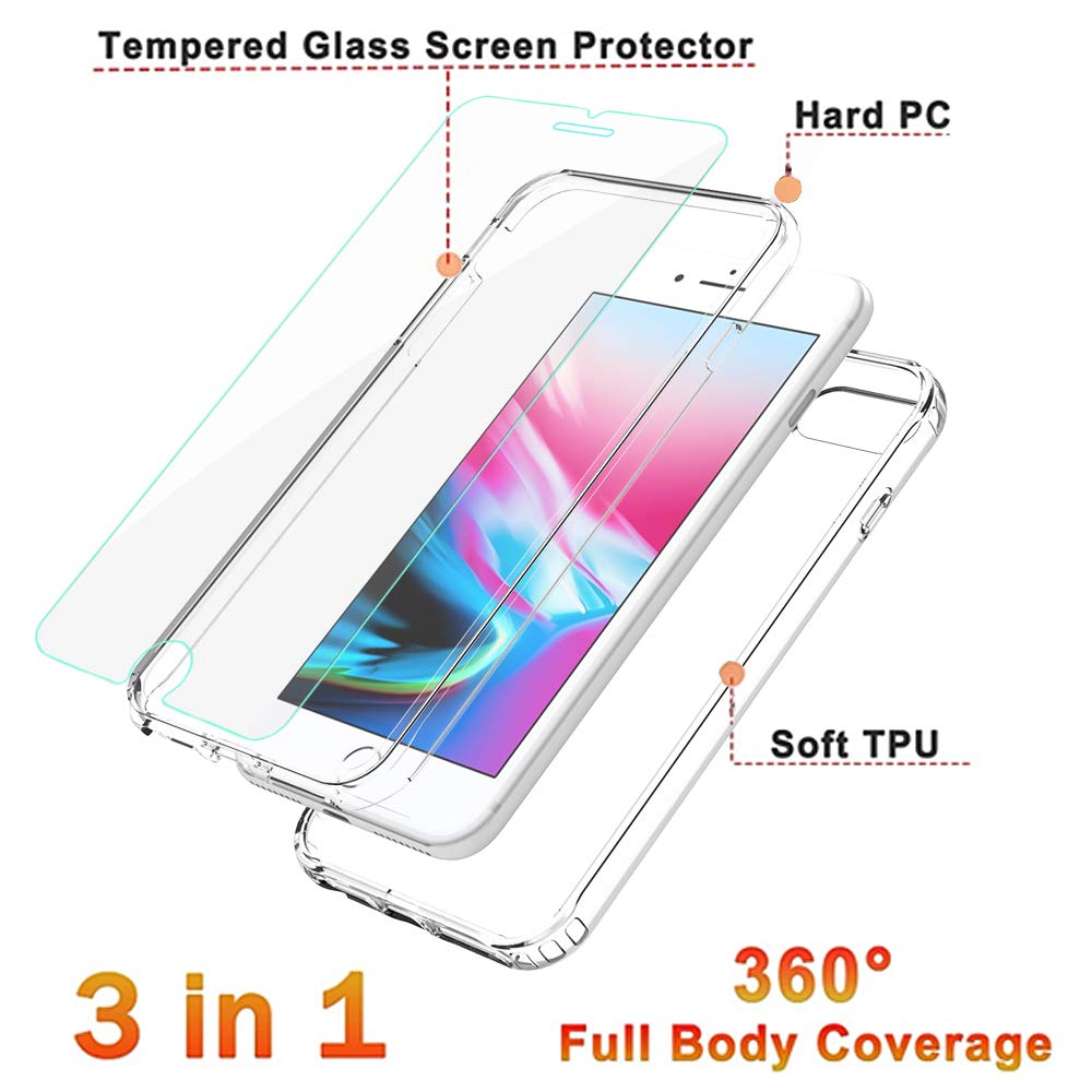 APLO iPhone 8 Plus Case, iPhone 7 Plus/6 Plus Case with Screen Protector, Clear 360 Full Body Coverage Hard PC & Soft Silicone TPU 3in1 [Certified Military Protective] Shockproof Phone Cover, Clear