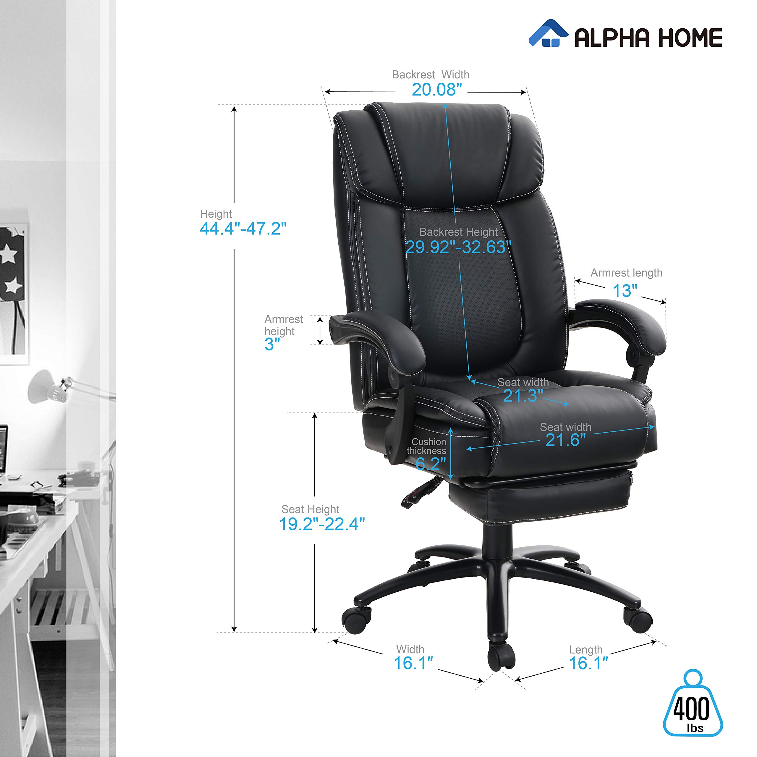 ALPHA HOME Executive Chair High Back Ergonomic Office Chair Adjustable Recliner Managerial Computer Desk Chair with Retractable Footrest Big Tall Rolling Swivel with Caster -Weight Capacity 350 lbs