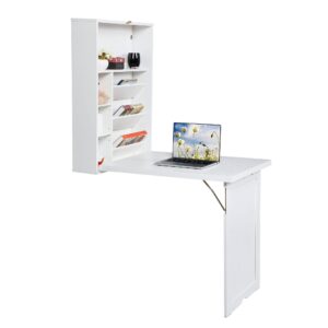 jaxsunny modern space-saving fold out compact wall mounted desk floating wood folding desk cabinet writing desk for home office with multiple storage compartments storage, laptop tabletop, white