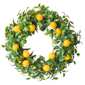 Mr. Bom Lemon Wreath for Front Door, 15 Inch Artificial Door Wreath with Boxwood, Spring Summer Holidays Wreath for Indoor Outdoor Decoration