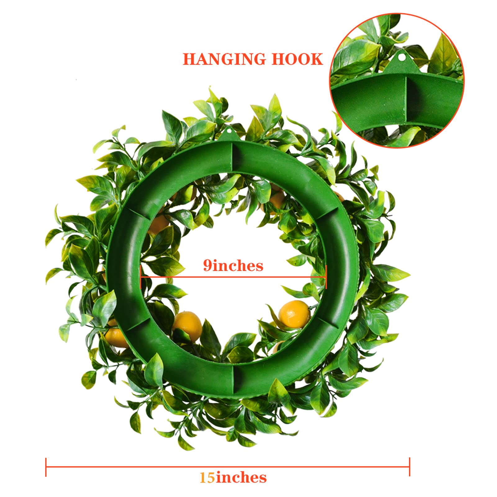 Mr. Bom Lemon Wreath for Front Door, 15 Inch Artificial Door Wreath with Boxwood, Spring Summer Holidays Wreath for Indoor Outdoor Decoration