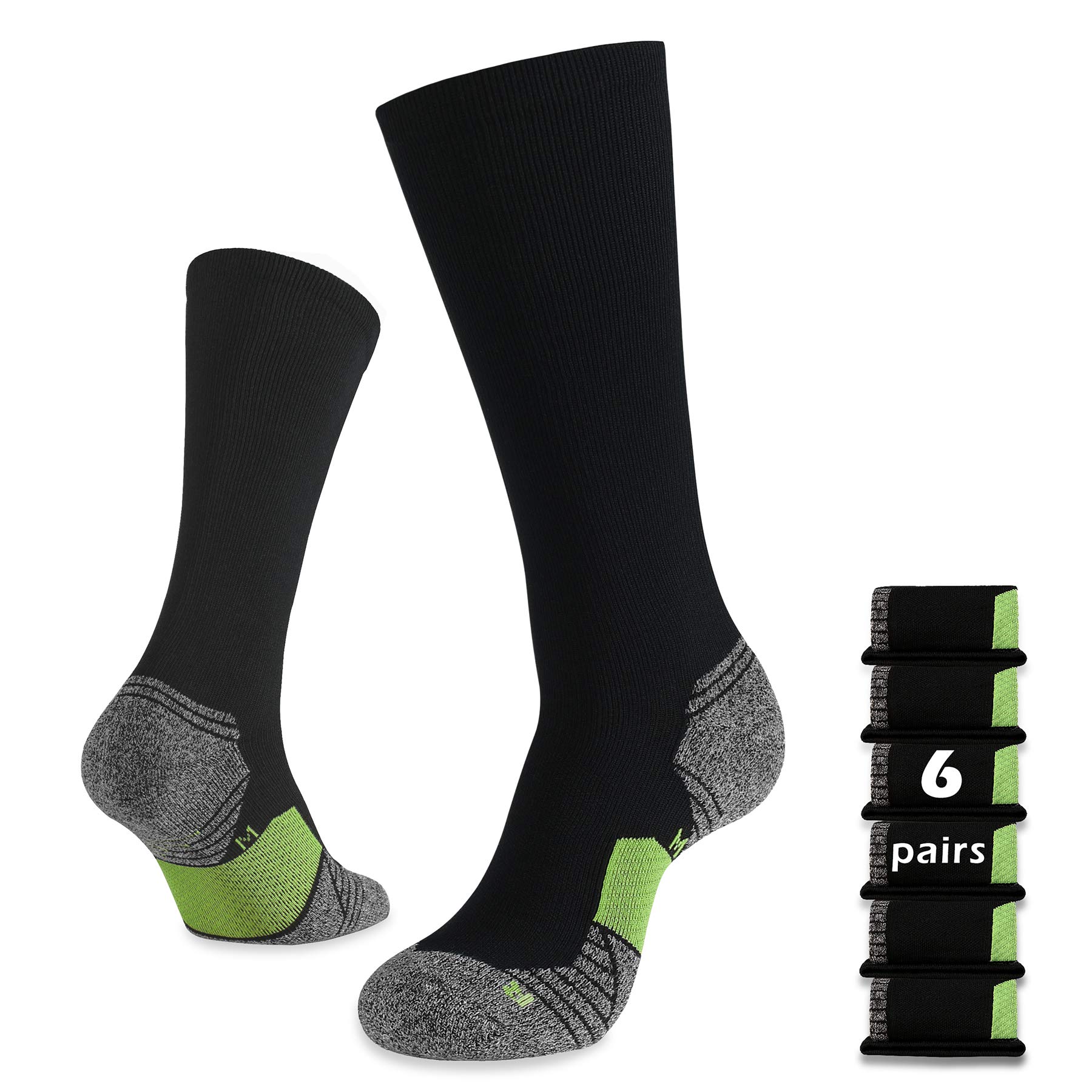 WANDER 6 Pairs Men's Athletic Run Cushion Over-the-Calf Tube Socks (6 pairs Green, XL:Shoe Size:12-14)