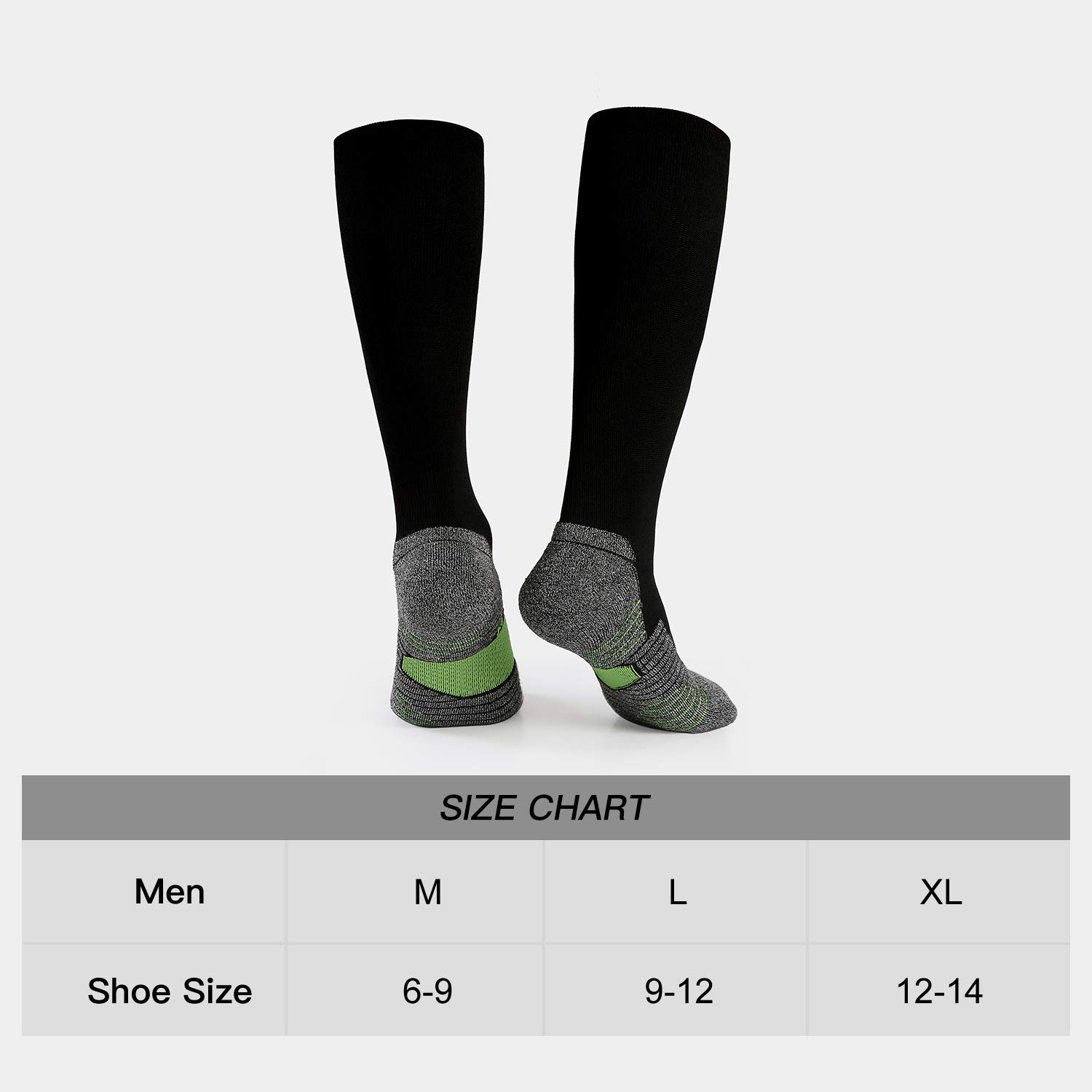 WANDER 6 Pairs Men's Athletic Run Cushion Over-the-Calf Tube Socks (6 pairs Green, XL:Shoe Size:12-14)