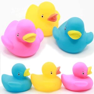 fun rubber ducks - soft squeak & squirt baby bath toy set - fun upright floating 3 & 6 packs - yellow pink blue green black - ducky kids birthday gift - 2.5 inch duckies