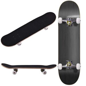 double kick-tail complete skateboard 7-ply canadian maple wood deck, for professionals, amateurs or beginners (black)