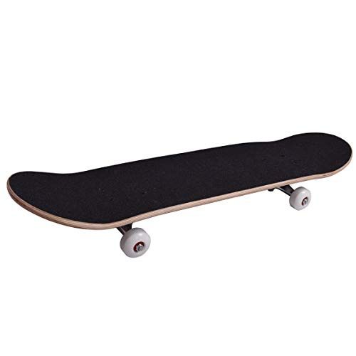 Double Kick-Tail Complete Skateboard 7-Ply Canadian Maple Wood Deck, for Professionals, Amateurs or Beginners (Black)