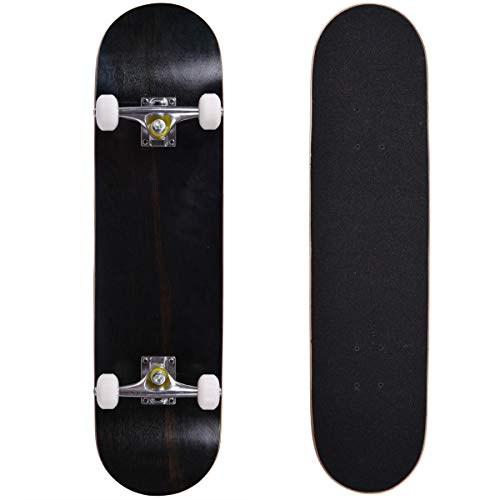 Double Kick-Tail Complete Skateboard 7-Ply Canadian Maple Wood Deck, for Professionals, Amateurs or Beginners (Black)