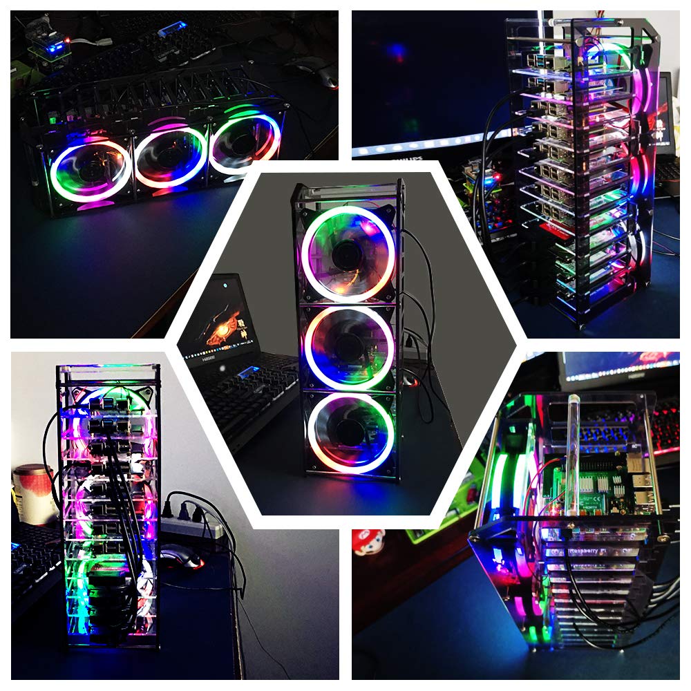 GeeekPi Cluster Case for Raspberry Pi, Pi Rack Case Stackable Case with Cooling Fan 120mm RGB LED 5V Fan for Raspberry Pi 4B/3B+/3B/2B/B+ and Jetson Nano (12-Layers)