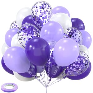 white purple confetti latex balloons, 50pcs 12 inch helium party balloon with 33 ft purple ribbon for birthday, girls baby shower, wedding, anniversary and festival ceremony princess decoration
