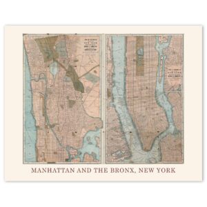 vintage new york manhattan bronx map replica prints, 1 (11x14) unframed photos, wall art decor gifts for home geography office travel studio library garage school college student teacher coach fans