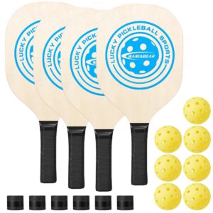 waiwaibear pickleball paddles set of 4 delux pickle ball paddle& ball set,pickleball set indoor&outdoor rackets(includes 4wood paddles & 7 balls pickleballs 6 bandage 1 carry bag set