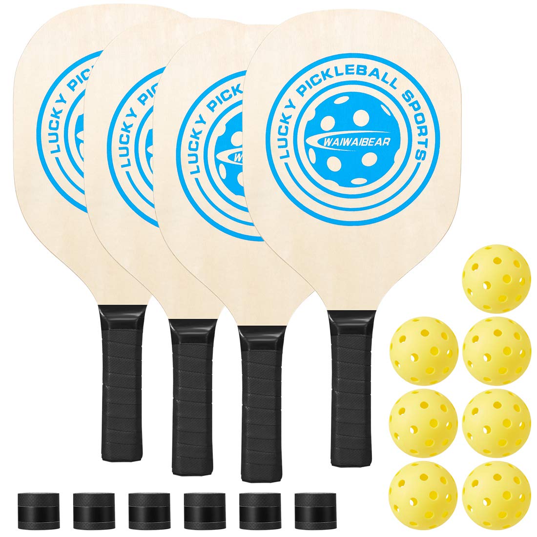 WAIWAIBEAR Pickleball Paddles Set of 4 Delux Pickle Ball Paddle& Ball Set,Pickleball Set Indoor&Outdoor Rackets(Includes 4Wood Paddles & 7 Balls Pickleballs 6 Bandage 1 Carry Bag Set