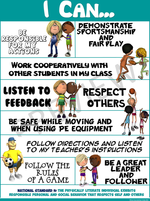 PE Poster: "I Can" Statements- Standard 4: Personal and Social Behavior