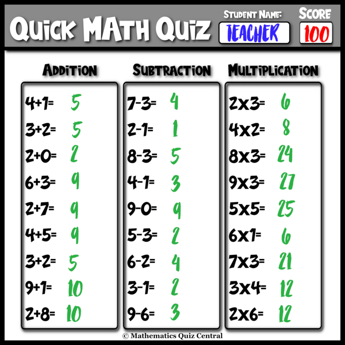 Quick Math Quiz: For Kids Learning Addition Subtraction and Multiplication