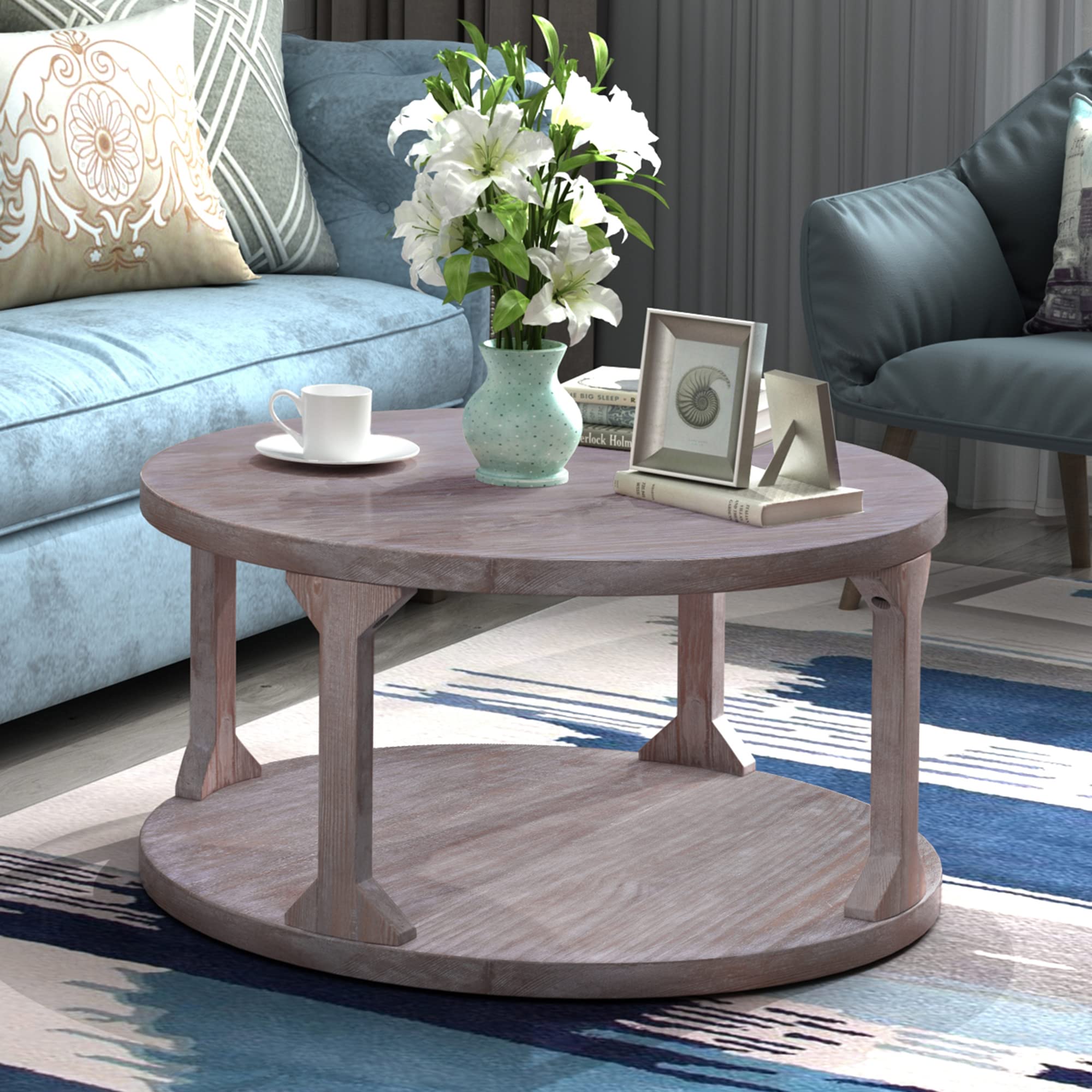 P PURLOVE Round Rustic Coffee Table, Wood Storage Shelf for Living Room with Dusty Wax Coating 35.4 Inch, Grey Wash