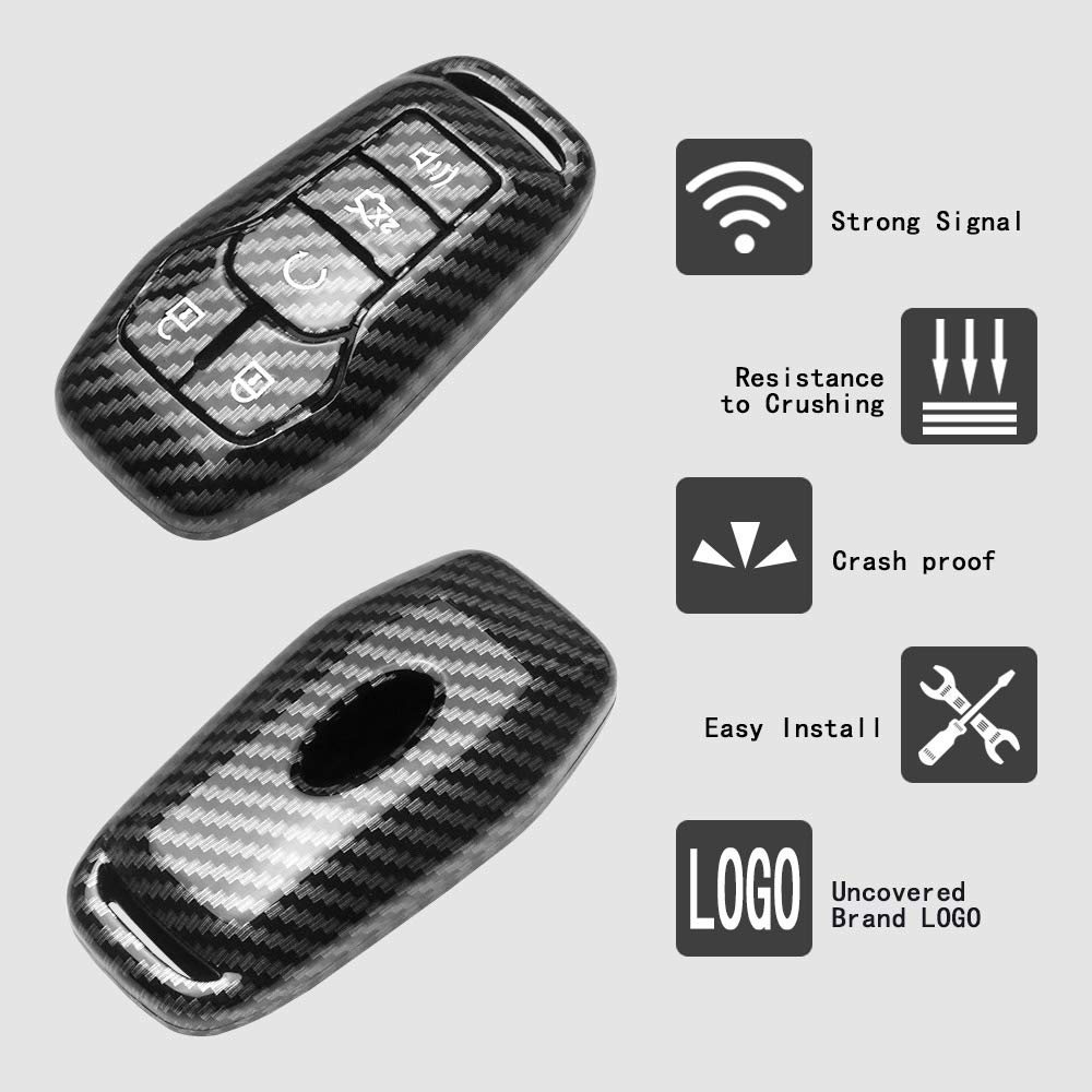 TANGSEN Smart Key Fob Case Cover Compatible with Ford Edge Explorer F-150 F-250 Fusion Mondeo Taurus for Mustang for Lincoln MKC MKX MKZ 5 Button Keyless Entry Remote Silver Label Carbon Fiber