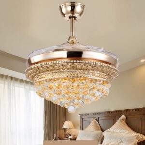 RuiWing 42" Modern Fandelier Crystal Ceiling Fans with Lights and Remote Gold LED Fan 3 Light Settings 3 Speeds Invisible Retractable Chandelier Fan for Dining Room Bedroom Restaurant