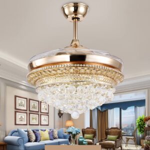 RuiWing 42" Modern Fandelier Crystal Ceiling Fans with Lights and Remote Gold LED Fan 3 Light Settings 3 Speeds Invisible Retractable Chandelier Fan for Dining Room Bedroom Restaurant