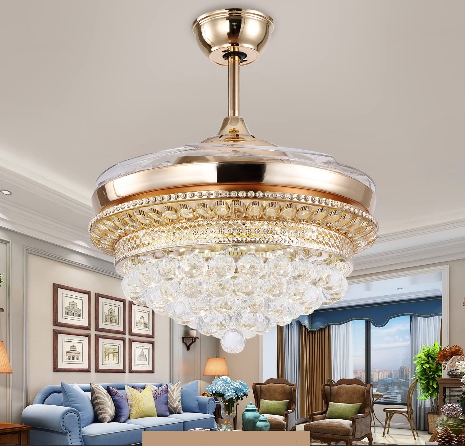 RuiWing 42" Modern Fandelier Crystal Ceiling Fans with Lights and Remote Gold LED Fan 3 Light Settings 3 Speeds Invisible Retractable Chandelier Fan for Dining Room Bedroom Restaurant