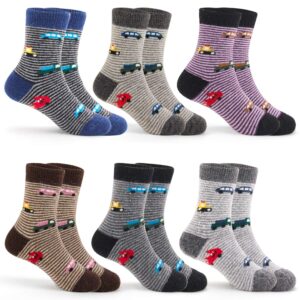 Mardonskey Big Kids Winter Warm Socks Boys Wool Socks Thick Thermal Crew Socks for Boys Car 6 Pairs 8-10 Years