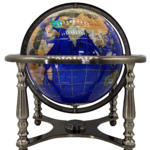 Limited Edition! Unique Art Since 1996 Blue Pearl Swirl Table Top Gemstone World Globe with Silver Zinc Alloy Stand (220MM/9 INCHES 4 LEG/BLUE PEARL OCEAN)