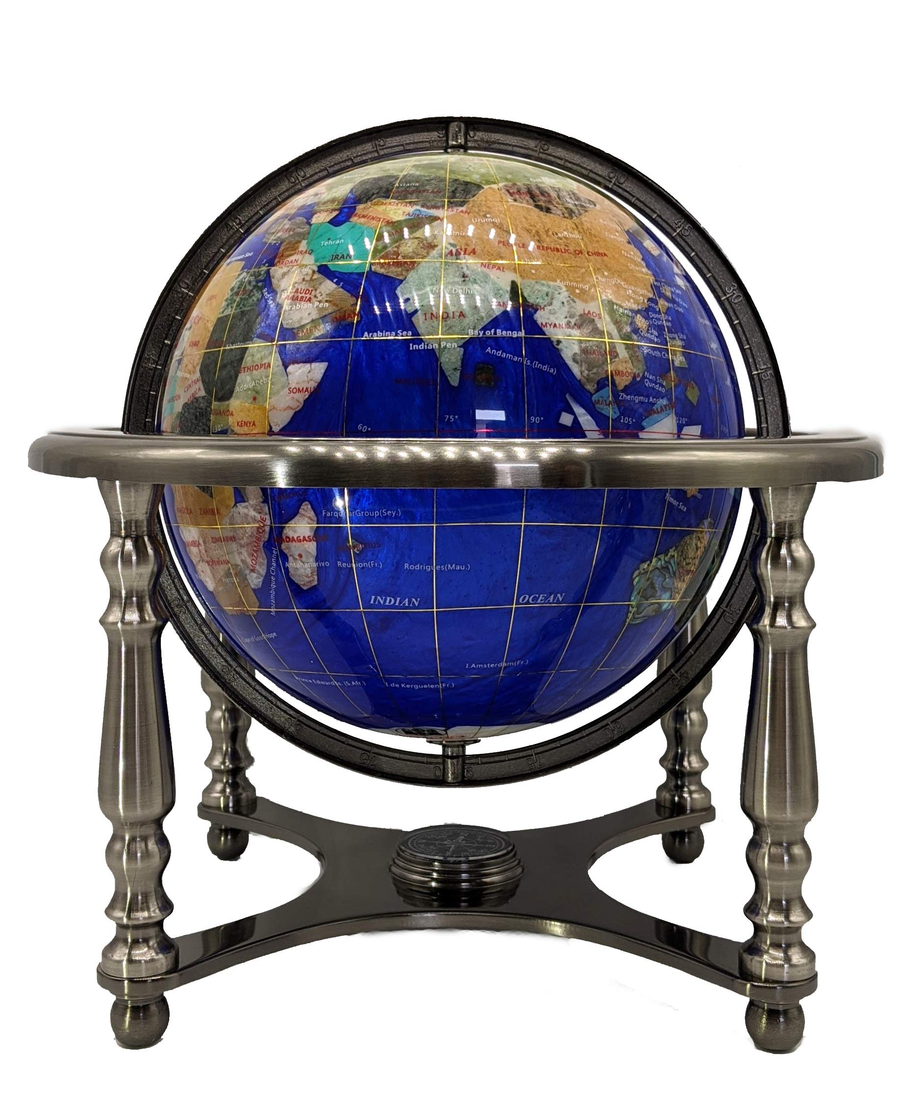 Limited Edition! Unique Art Since 1996 Blue Pearl Swirl Table Top Gemstone World Globe with Silver Zinc Alloy Stand (220MM/9 INCHES 4 LEG/BLUE PEARL OCEAN)